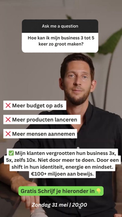 Static ad: 'How can I make my business 3 to 5 times bigger?' with three crossed-out answers and one green tick