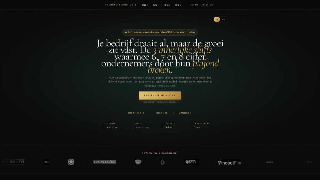 The client's live registration page: dark and gold, a qualifying eyebrow reading 'Voor ondernemers die meer dan €10K per maand draaien', and a reserve-my-seat button